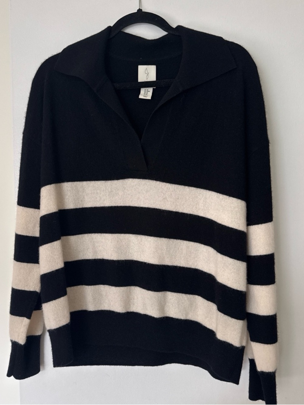 Joie Black and Cream Striped V‑Neck Collared Pullover